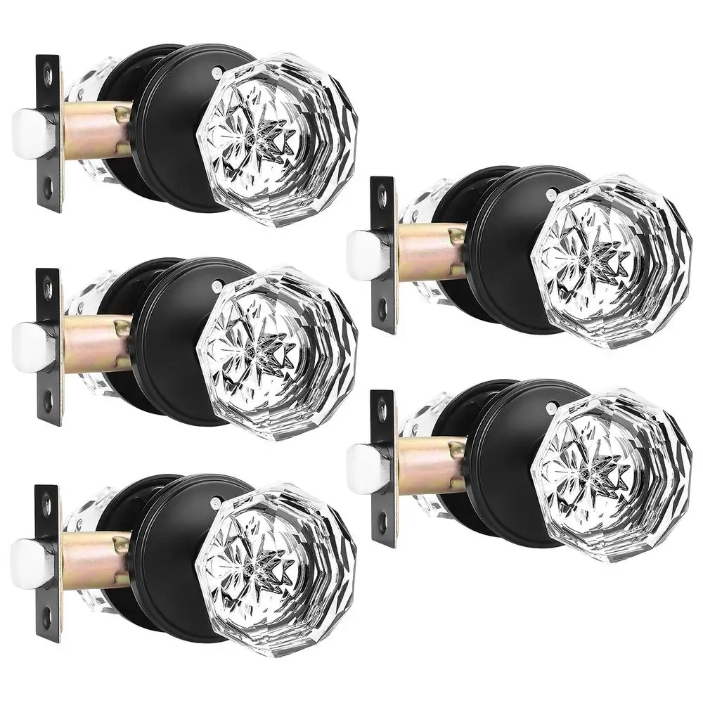 Glass Door Knobs Set 5 Pack Black Privacy Diamond Shape Interior Handles Kit Easy Install