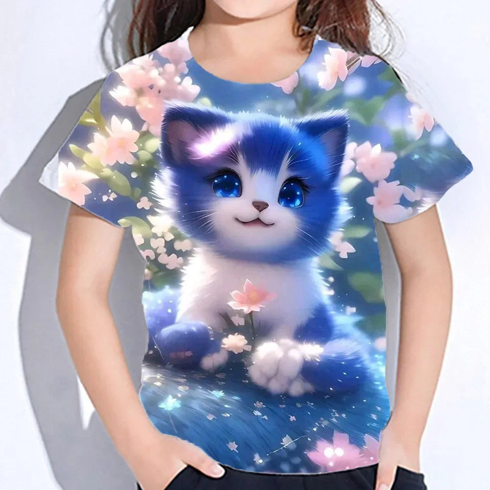 Summer Cat T-shirt Girls Children's Clothing 3d Printed T-shirt Korean Kawaii Children's Super Bright Loose O Neck Short Sleeve