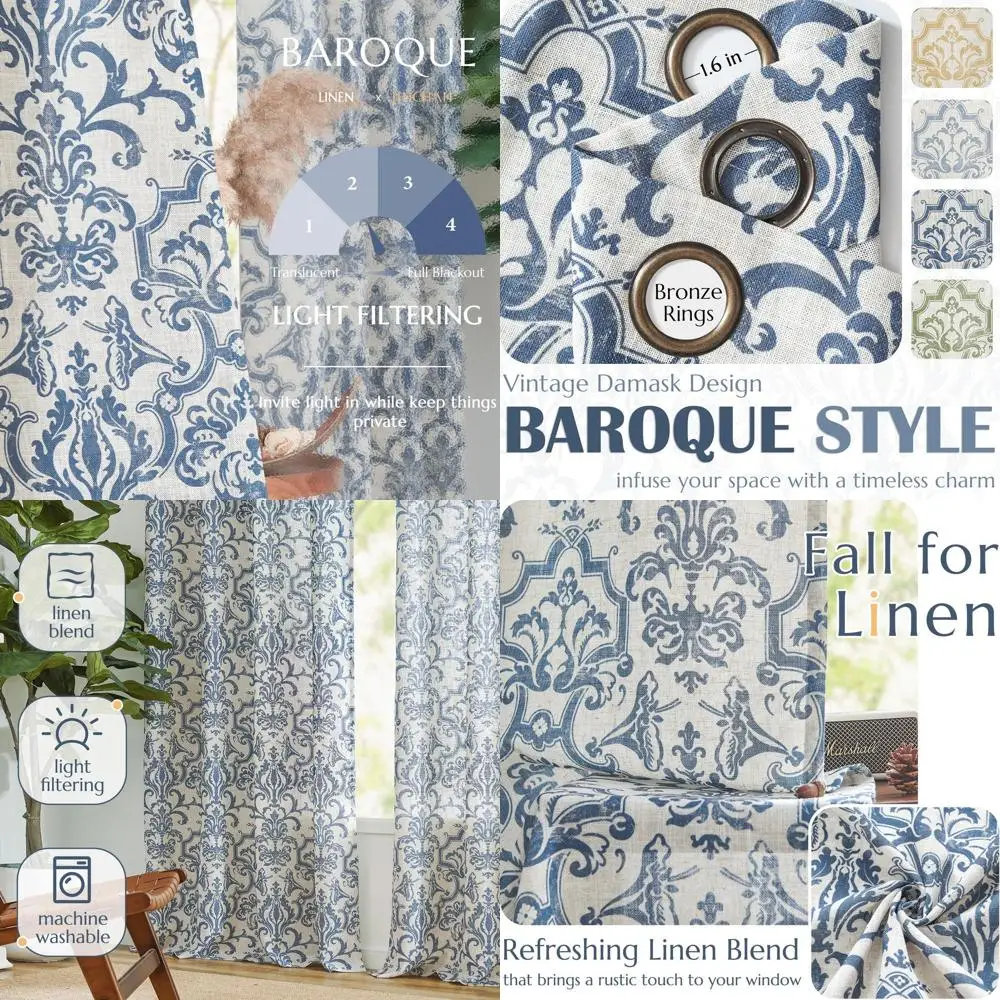 

Шиферно-синие дамасские шторы, 108 x 9 футов, винтажные шторы с втулкой, фильтрация света для гостиной и спальни — набор из 2 панелей