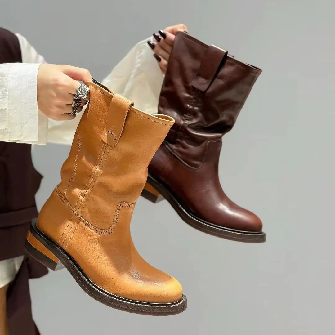 Women's Long Boots Winter Genuine Leather Booties Below the Knee High Heels Platform Motorcycle Style British Shoes Vulcanize