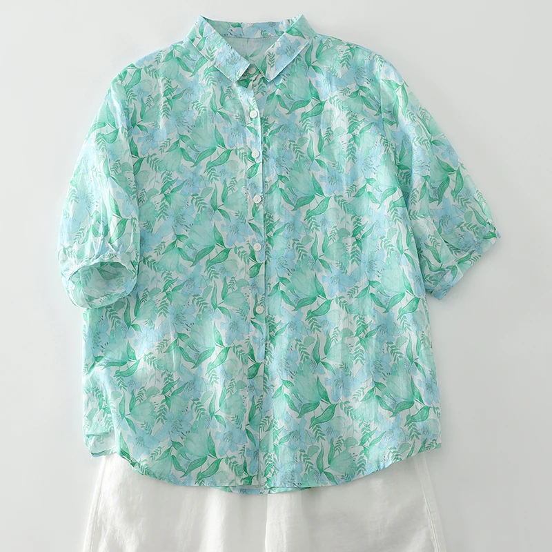 قميص فني من الكتان جديد بتصميم فضفاض وأكمام قصيرة مع ياقة مطبوعة وأزرار أمامية للنساء قطعة علوية مستقيمة رقيقة للصيف