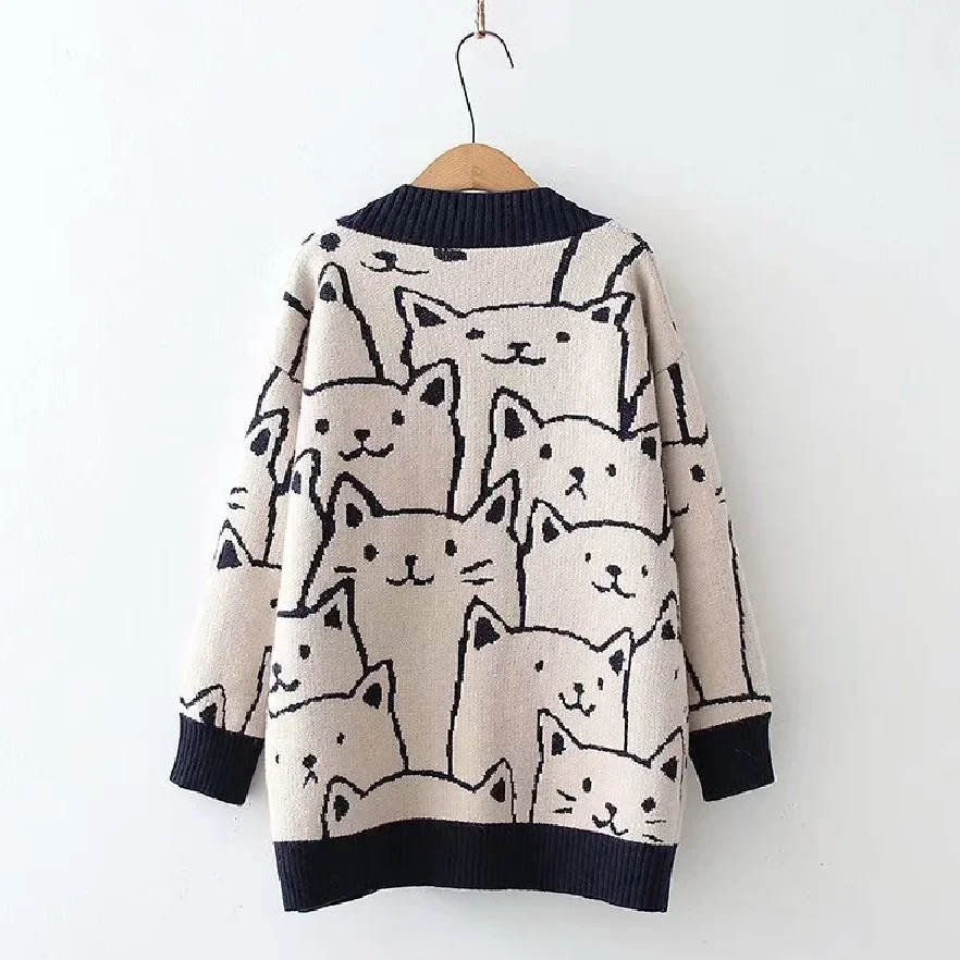 Women\'s Cartoon V-Neck Cardigan Sweater, Long-Sleeved Knitted Coat, Cute Cat Retro, Professional Fashion, Winter, New, 2024