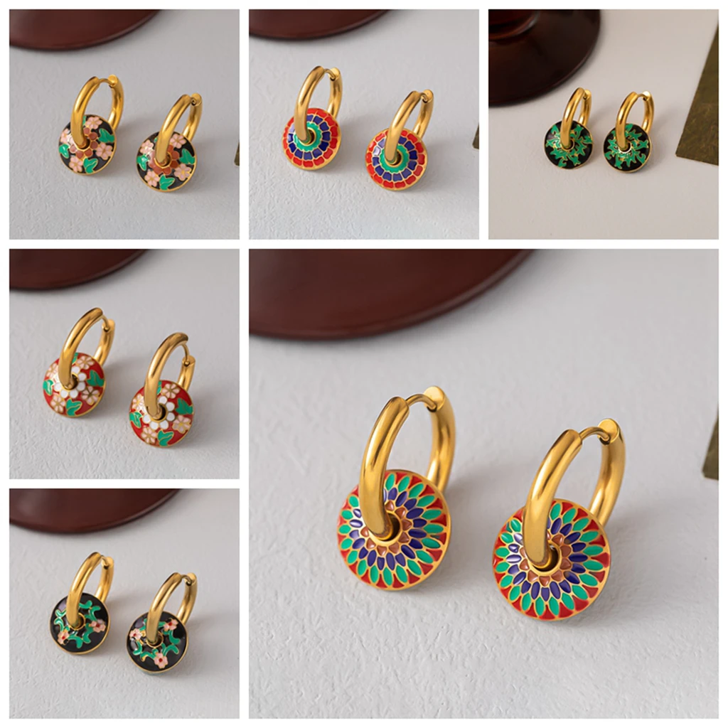 

Vintage Colorful Flower Ethnic Aesthetic Enamel Drop Earrings for Women Trendy Gold Color Stainless Round Chunky Hoop Earrings