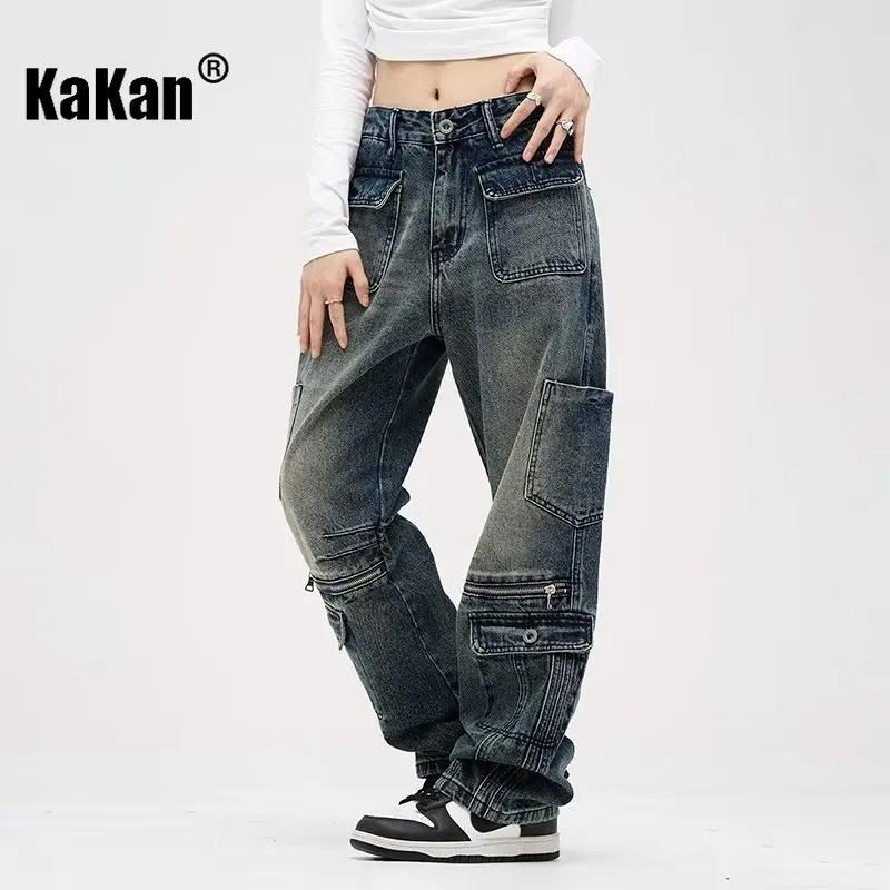 Kakan - European and American New Vintage Heavy Industry Multi Pocket Jeans for Men, High Street Zipper Straight Leg Pants K27