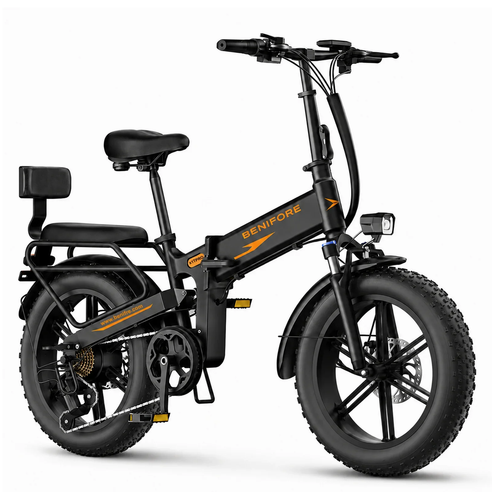 Benifore X1T PRO Fold E Bike 1500W Peak Motor 48V20Ah Battery Fat Tire Electric Bike Full Suspension 65 Miles Range 400 lbs Payload