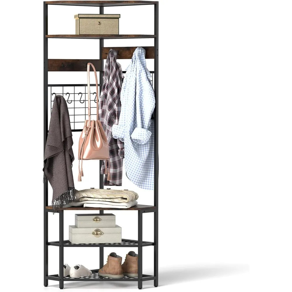 

Дерево с скамейкой для обуви, высота 72-дюймовая вешалка для прихожей с 5 деревянными полками для хранения, 12 крючков, отдельно стоящая