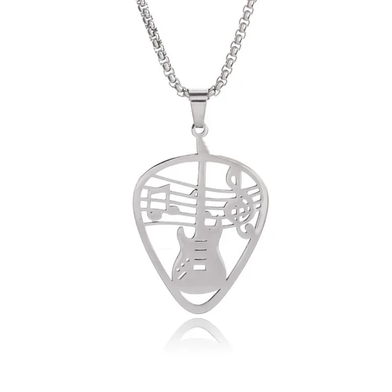 Stainless Steel Guitar Pick Bass Note Pendant Electric Guitar Necklace for Men and Women Music Rock Lovers Punk Hip-Hop Jewelry