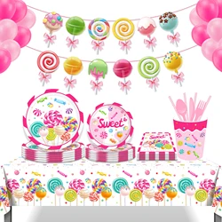 Cartoon Lollipop Party Conjuntos de Talheres Descartáveis, Pratos, Guardanapos, Copos, Baby Shower, Camping Decor, Girls Birthday, Sweet Candy