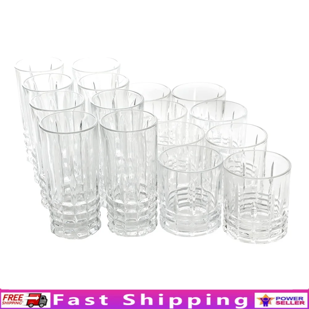 

16 Piece Clear Glass Tumbler and Double Old Fashioned Set Elegant Durable Drinkware Dishwasher Safe Ideal Parties Home Use