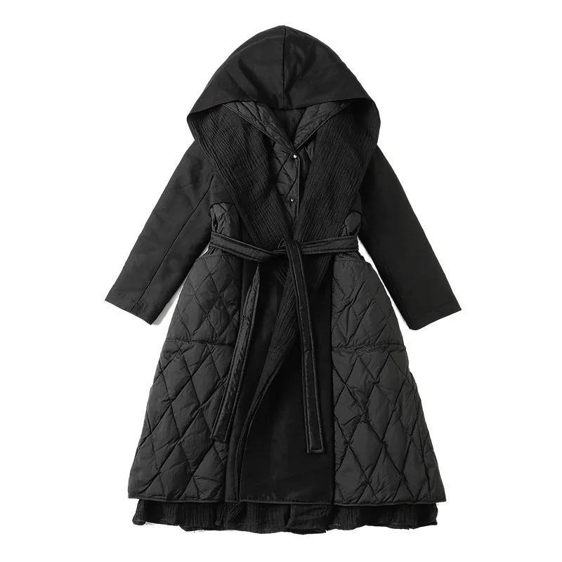 Luxury High Quality Down Long Trench Coat Patchwork Hooded White Duck Down Coat Women's Winter Warm Lightweight Slim Outerwear