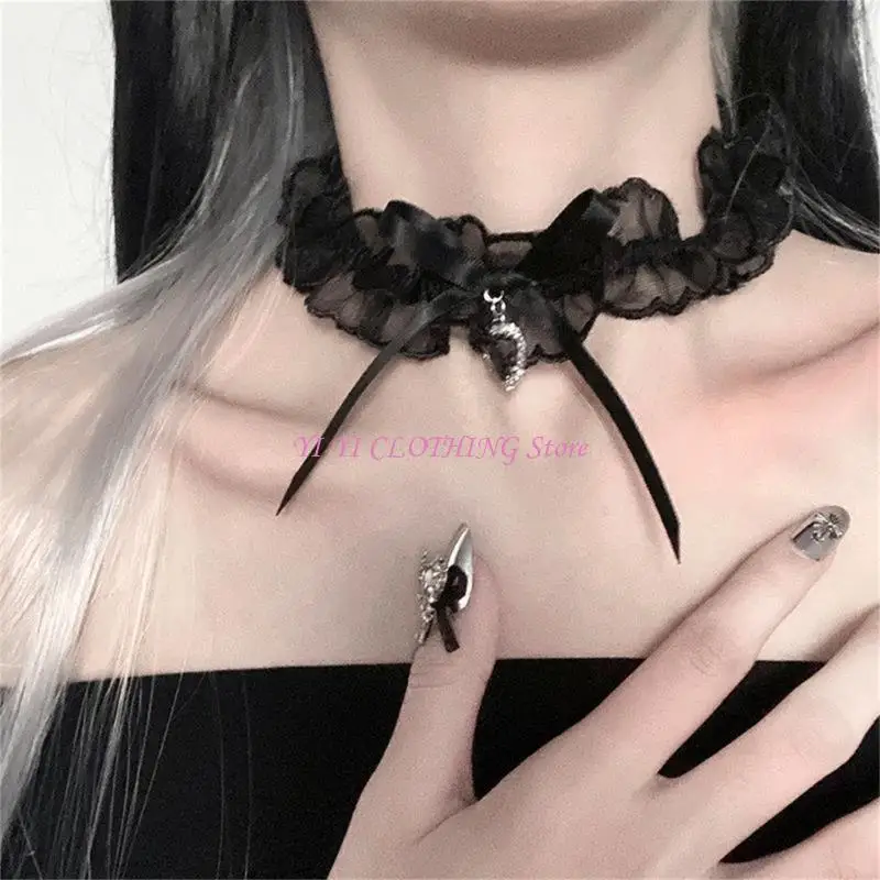 

N5KF Lolit Choker Necklace Goth Choker Lace Choker Bows Choker Gothic Necklace