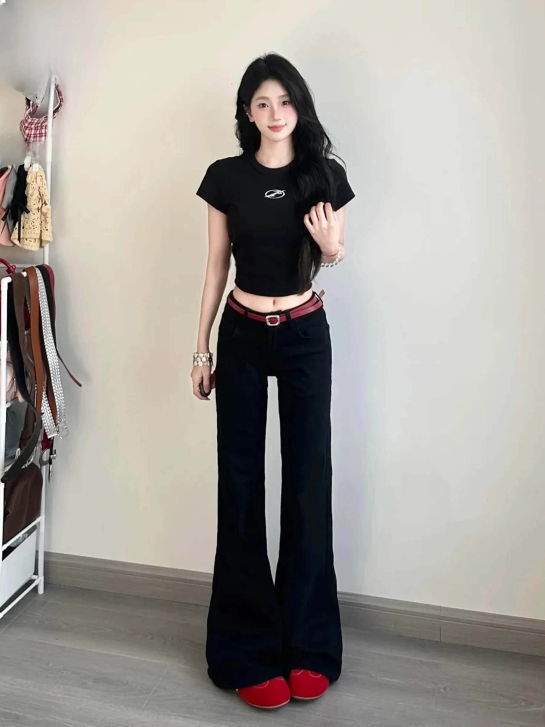 

Low Waist Bell Bottom Denim Jeans Women's Summer Slimming Black American Style Casual Fashion Trousers for Young Ladies