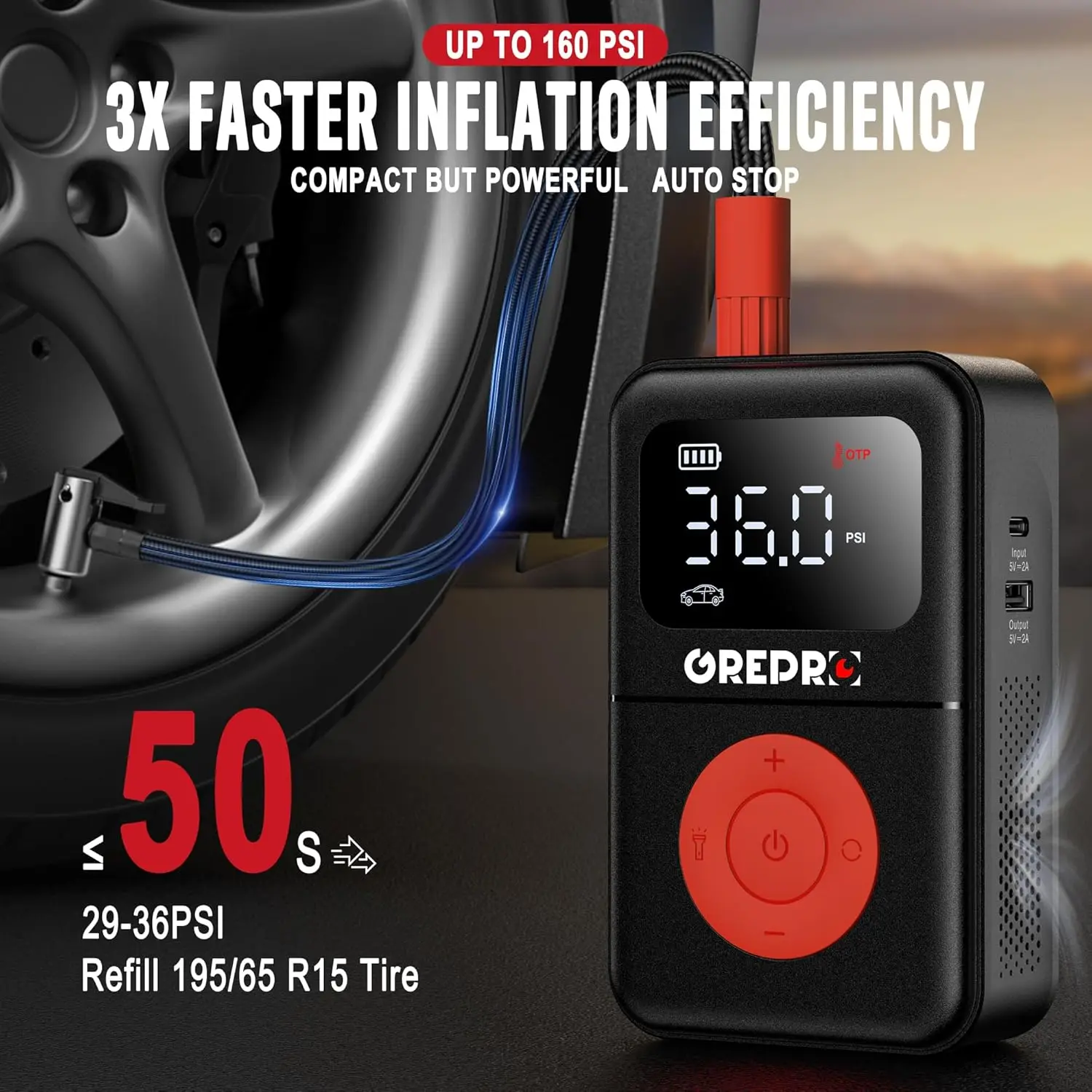 Portable Tire Inflator 160 PSI Air Compressor with Digital Gauge, LED Light & Adapters for Car, Motorcycle, Bike