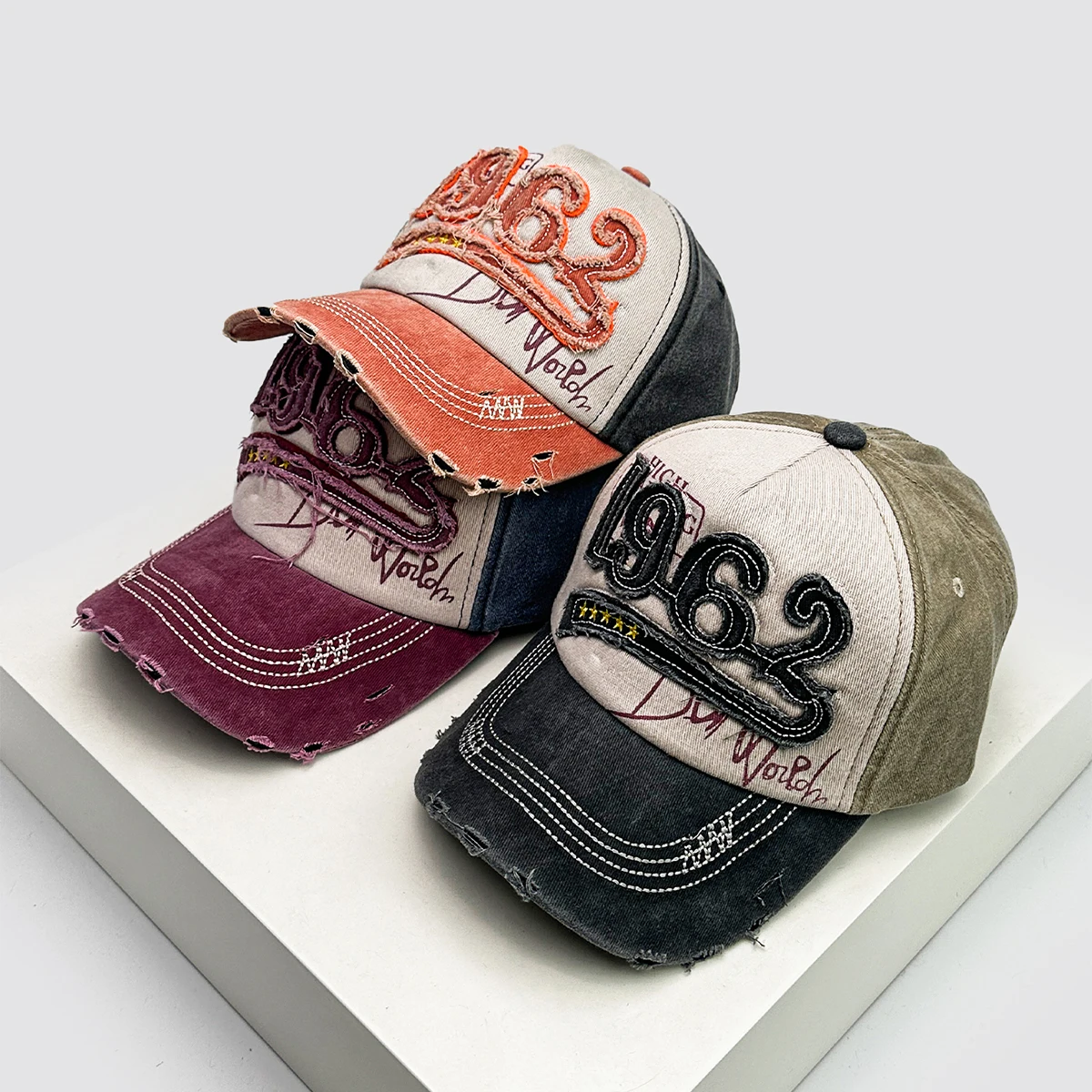 

New Unisex PATCH 1962 Letters Broken Style Baseball Hats Sunshade Color Block Versatile American Vintage Peaked Caps Fashion ins