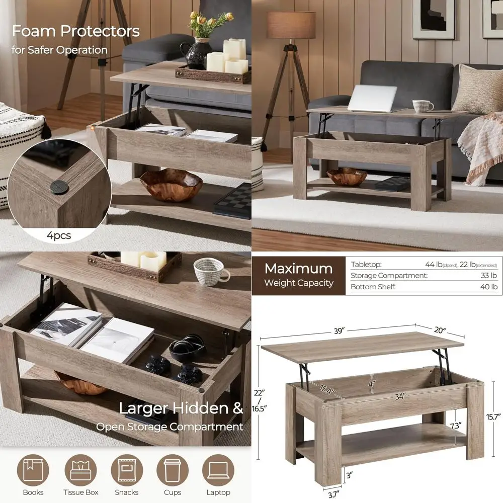 

Серый журнальный столик-трансформер 98 см с отсеком для хранения для гостиной или столовой