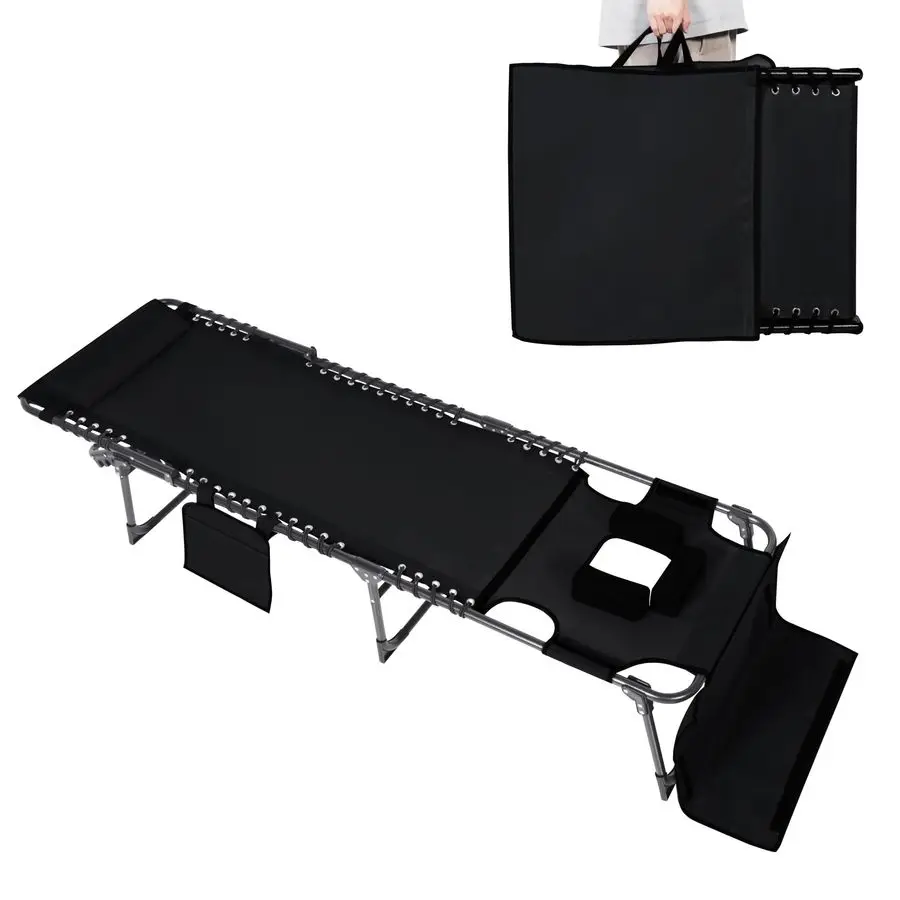 

Patio Chaise Lounge Chair for Outdoor with Face Hole, 4Fold Ajustbale Backrest, Removable Pillow and Detachable Pocket, Portabl