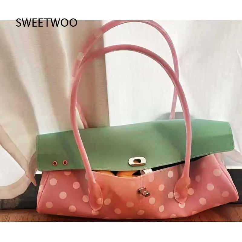 Women Polka Dot Jelly Shoulder Bag Pastel Color Block Long Baguette Handbag Cute Retro Underarm Bag for Daily Vacation