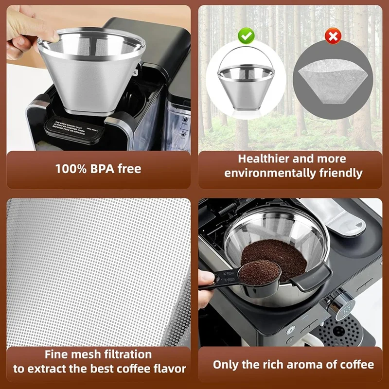 Stainless Steel Coffee Filter, Suitable For Coffee Filter Replacement, 4 Cone Permanent Coffee Filter 2Pcs