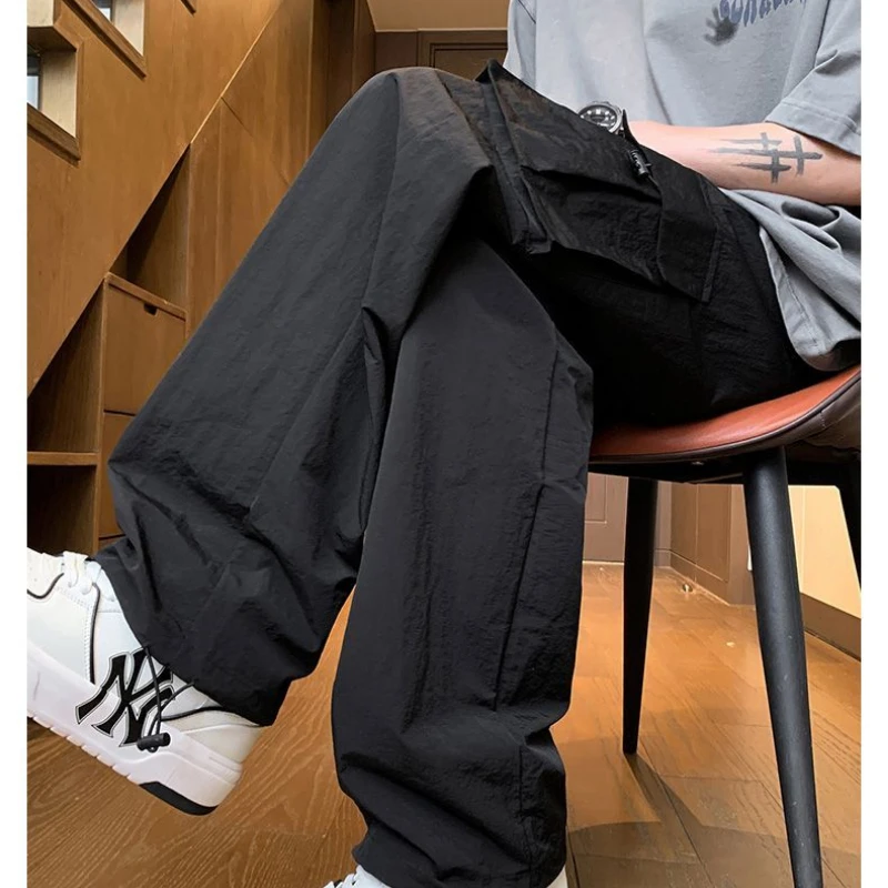 Spring Autumn New Elastic Waist Solid Color Loose Pocket Drawstring American Style All-match Quick Drying Cargo Pants JJ808