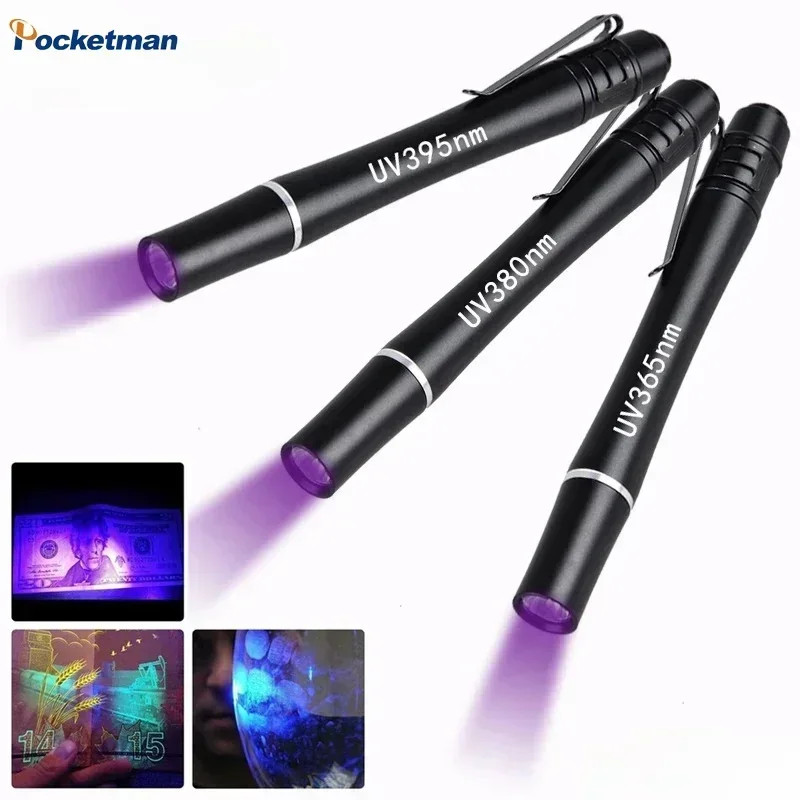 

Portable Mini UV Pen Light 395nm 365nm 380nm Aluminum Alloy Flashlight For Glue Curing Money Detector With Pocket Clip Light