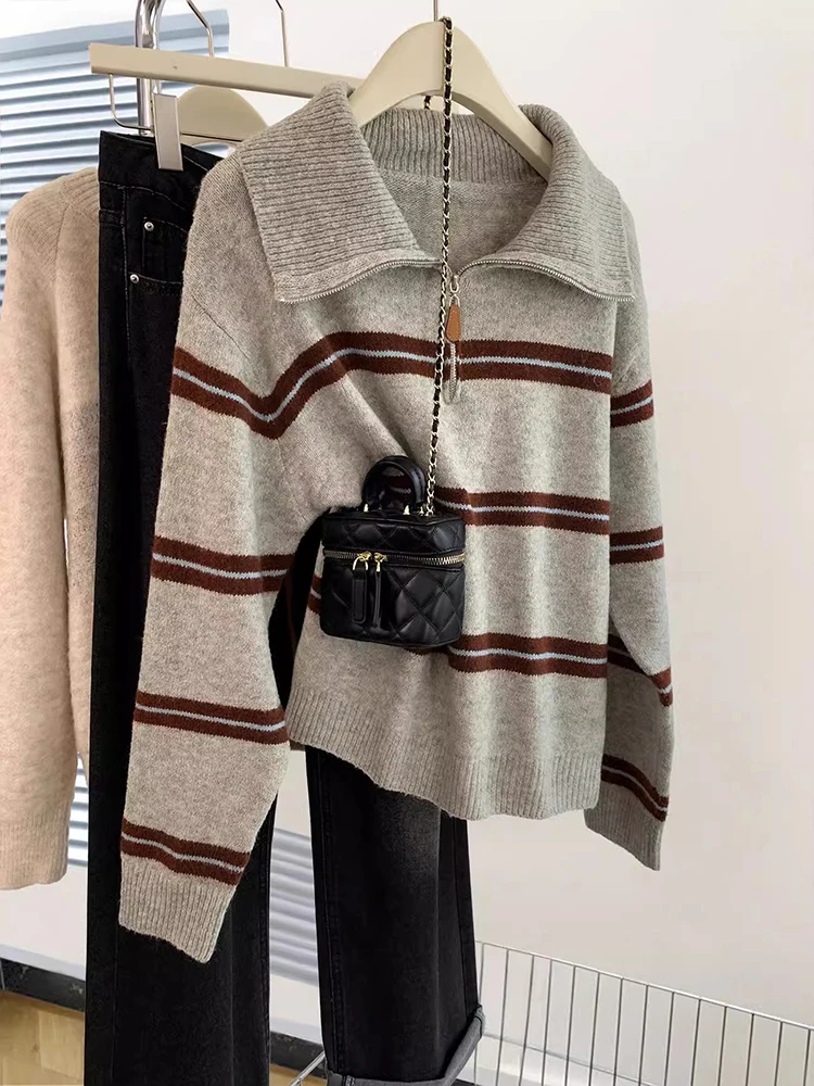 Loose Striped Half Zipper Polo Collar Pullover Sweater Women Autumn Winter New Lazy Style Fashion Knit Sweater Long Sleeve Top