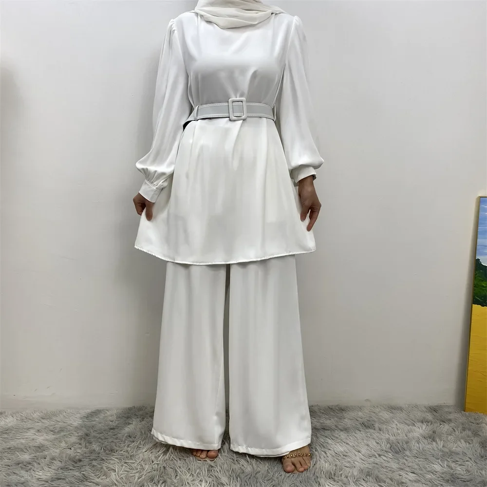 

Women Fashion O Neck Long Sleeve Tops and Solid Wide Leg Pants 2-piece Vintage Clothes for Muslim Women Loose Casual Muslim Set