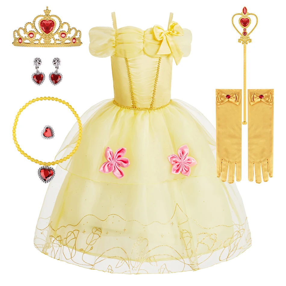 Little Girls Rapunzel Belle Aurora and Cinderella Christmas Princess Cosplay Dress with Accessories Suitable Banquet Ball Gown