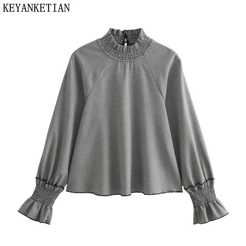 KEYANKETIAN 2024 New Launch Women Thousand-Bird Plaid Shirt Fashion Retro Lantern Sleeve Pleated O-Neck Pullover Top Blouses