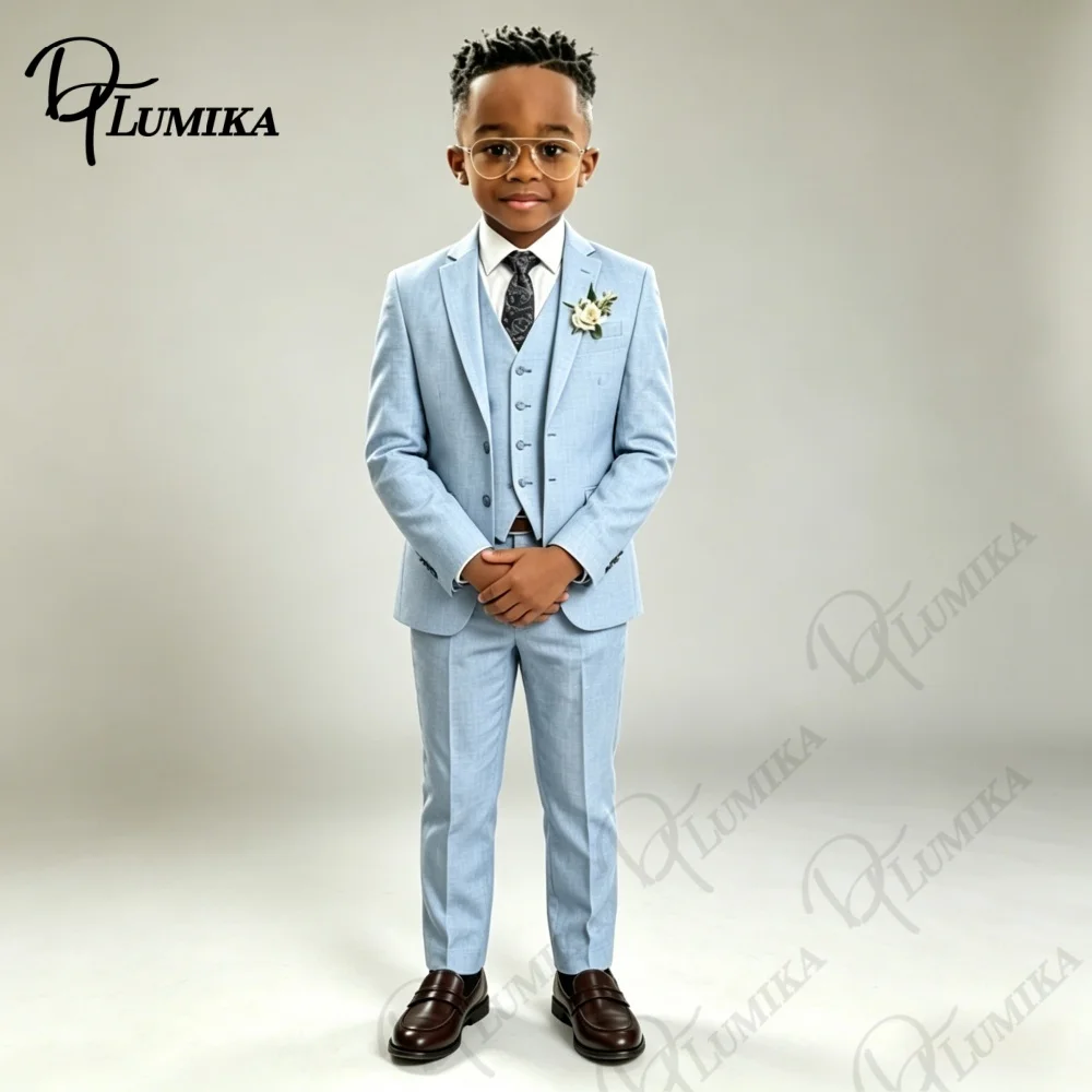 Sleek Light Blue Linen Kids Tuxedo Set Blue Floral Tie Premium 3 Piece Formal Suit for Wedding Ring Bearer All Special Occasions