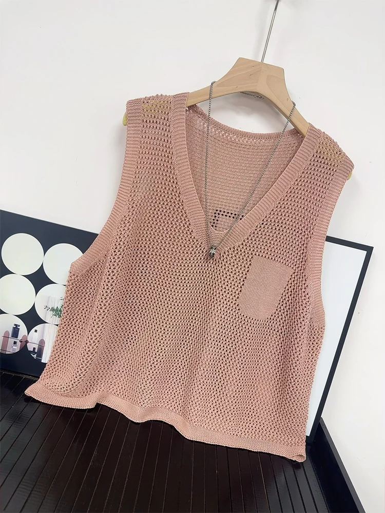 High Quality Summer Thin Cut Hollowed Out Linen Knit Vest Vest for Women's Outerwear, Loose Fitting Vest for Women's Outerwear