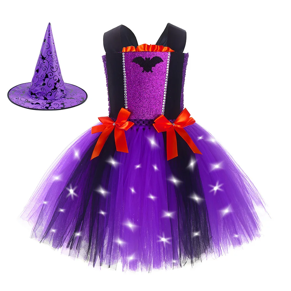 Girl Sequin Bat LED Fashion Layer Mesh Tutu Dress Bow Decoration With Witch Hat Set Kid Halloween Party Stage Performance Outfit