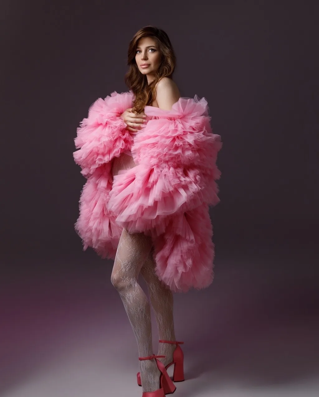 

New In Fashion Unique Women's Top Pink Fluffy Layered Jacket With Ruffled Details And Sheer Fabric Provides Elegant Look And Com