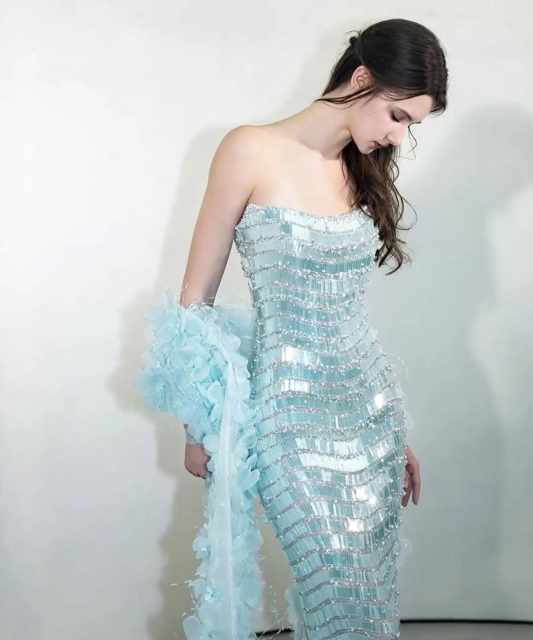 Lili's Couture Collection Store Elegant Light Blue Sequin Gown With Off-Shoulder Neckline 3D Tulle Flower Sleeves & Mermaid Skir