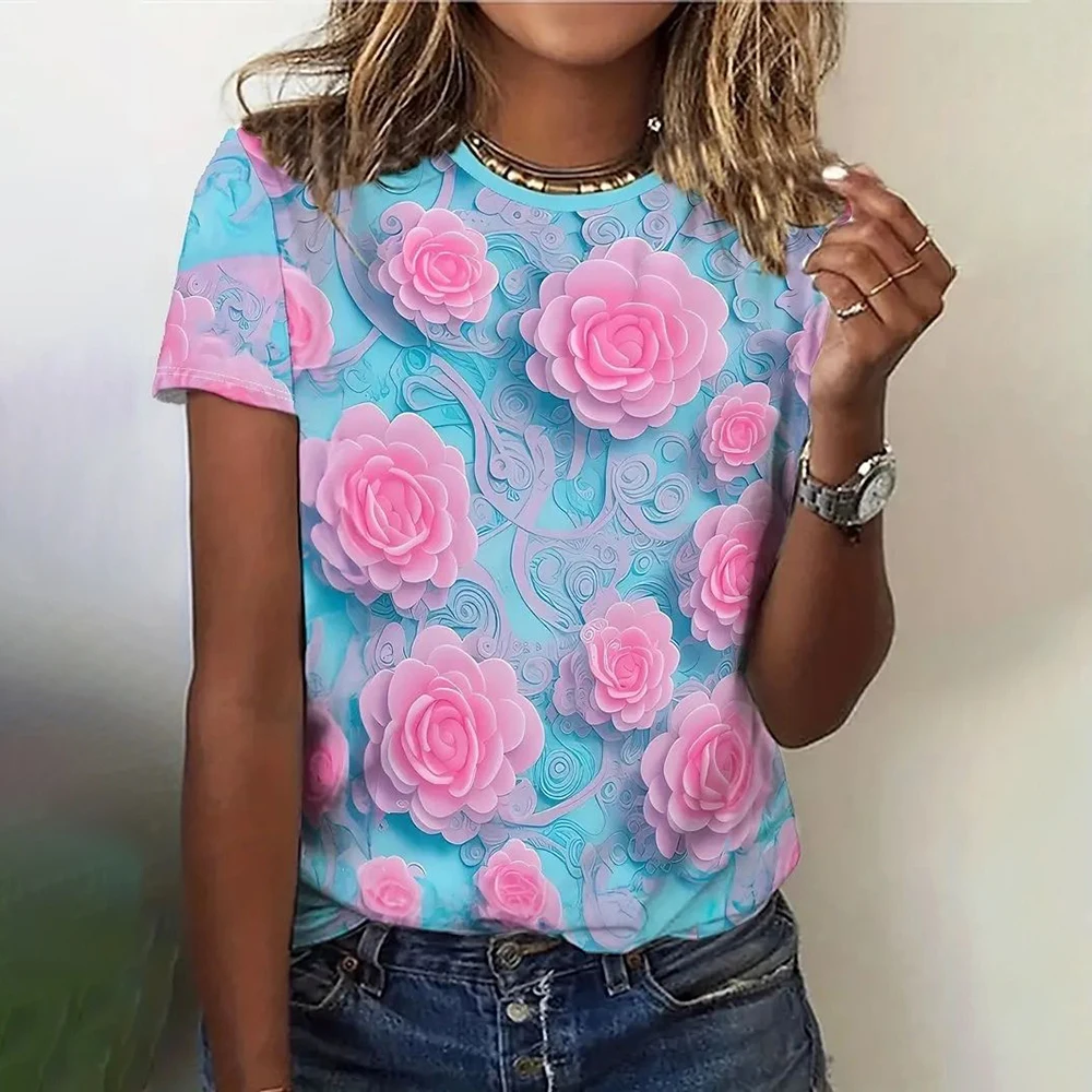 Fashion 3D Floral Pattern Women's T-shirt High Quality Summer Short Sleeve Tees Casual O-neck Loose Tops Hip Hop Female Clothing