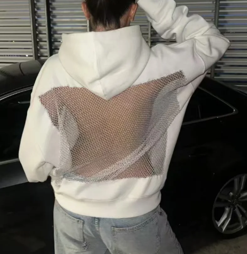 

Women's Sweatshirts 2026 New Spring Autumn Solid Color Casual Hollow Mesh Patchwork Long Sleeved Hooded Pullover Sweatshirt