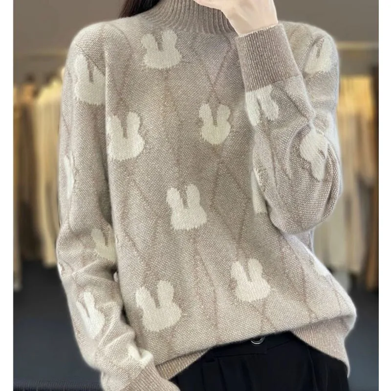 Autumn and Winter Fashion Trend Colored Rabbit Pattern Half High Neck Thickened Loose Versatile Western Women\'s Knitted Sweater