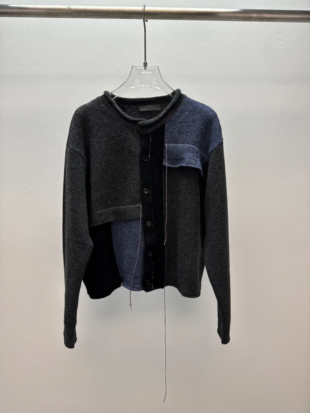 2026 Autumn New Vintage Color Block Patchwork Thick Knit Wool Cardigan Women Loose Round Neck Outerwear Coat
