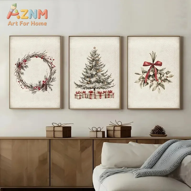 AZNM Frameless 2D Flat Vintage Wreath Pine Tree Mistletoe Christmas Canvas Print, Reusable Retro European‑style Holiday Househol