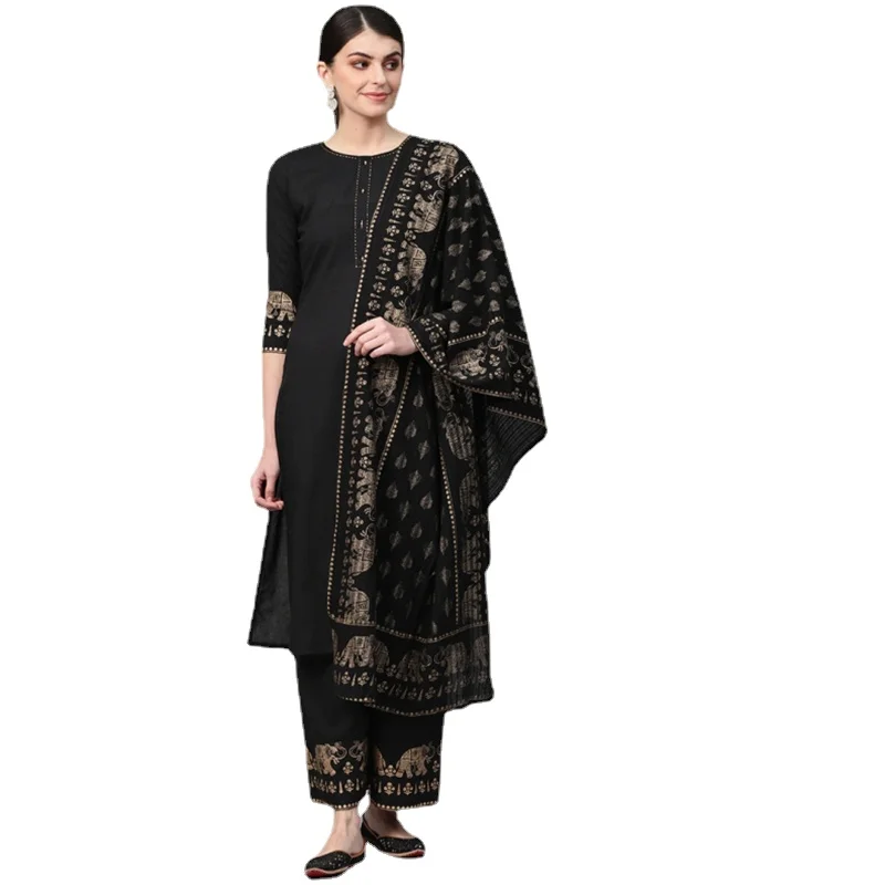 

Punjabi Suit Indian Ladies Traditional Clothing 3-pcs Set Cotton Tops Pants Shawl Black Pakistani Clothes for Women India Dress