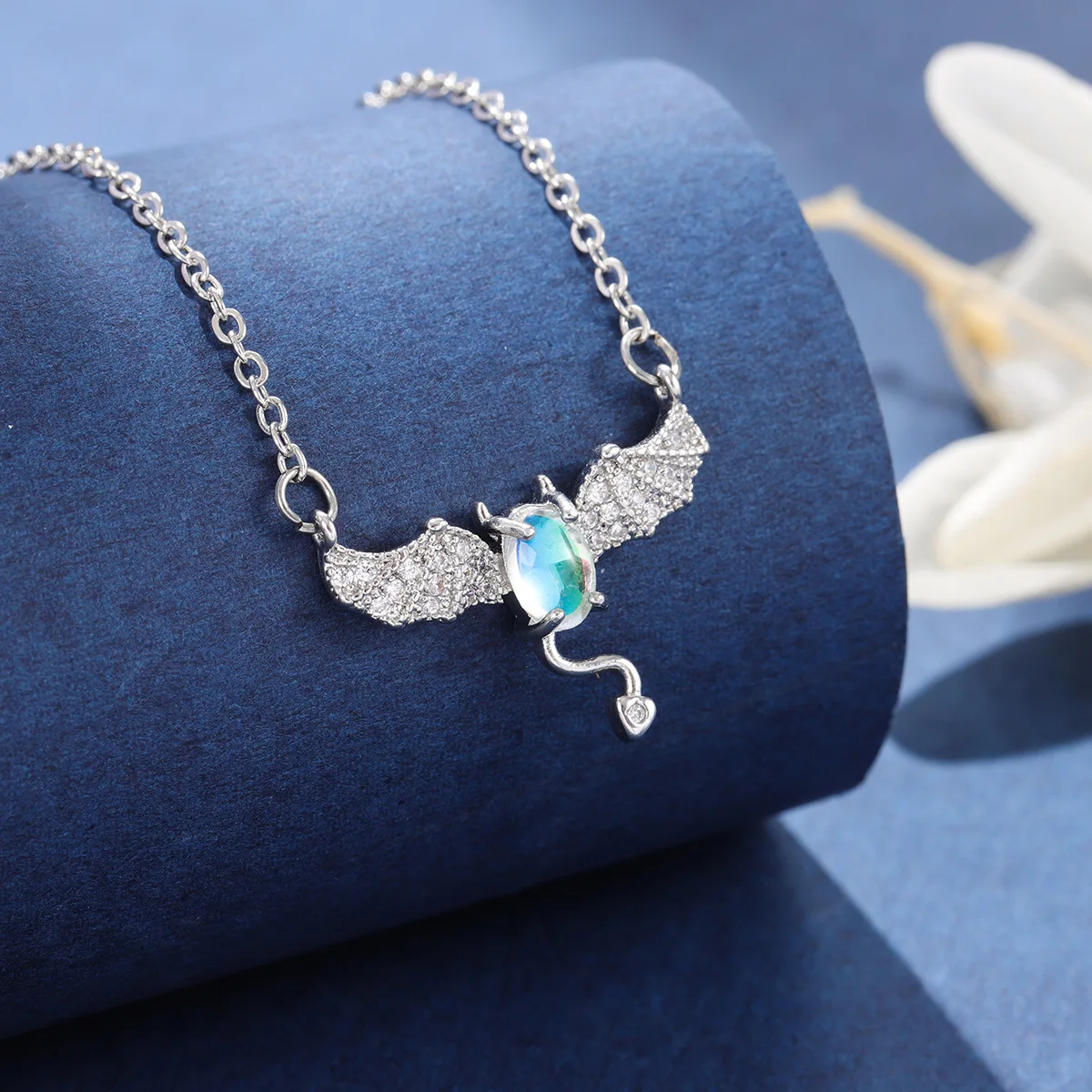 Fashion Little Devil 925 Sterling Silver Bat Moonstone Cute Animal Crystalr Necklaces   XL093
