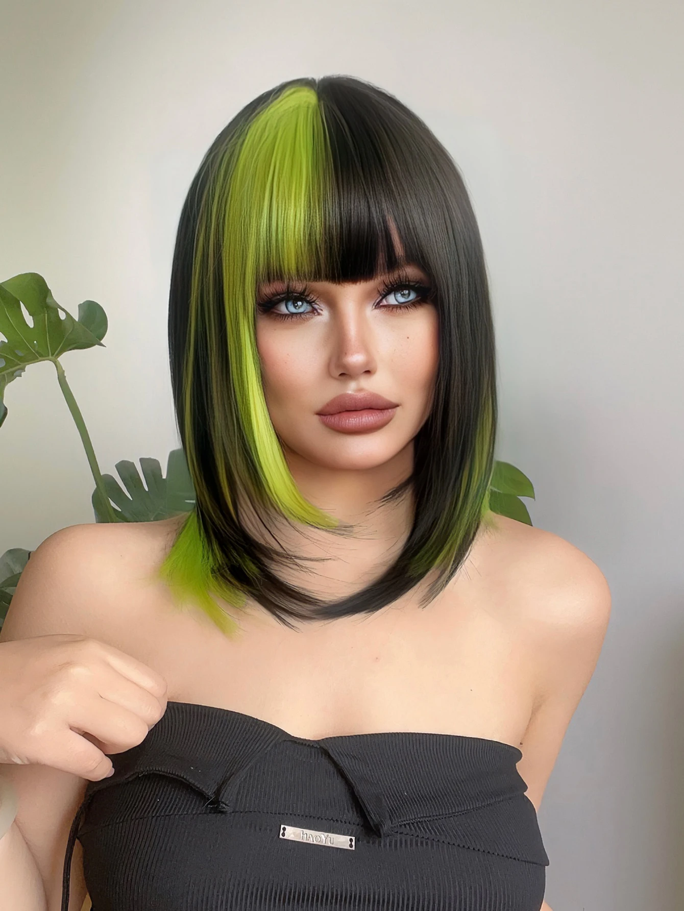 18Inch Black Highlight Fluorescent Green Synthetic Wigs With Bang Short Natural Straight Hair Wig For Women Daily Heat Resistant