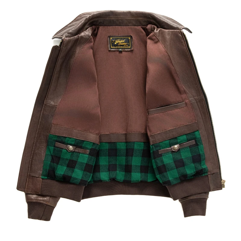 Brown Autumn Leather Jacket Men Military Style Plus Size 5XL Genuine Natural Cowhide G1 Flight Leather Coat