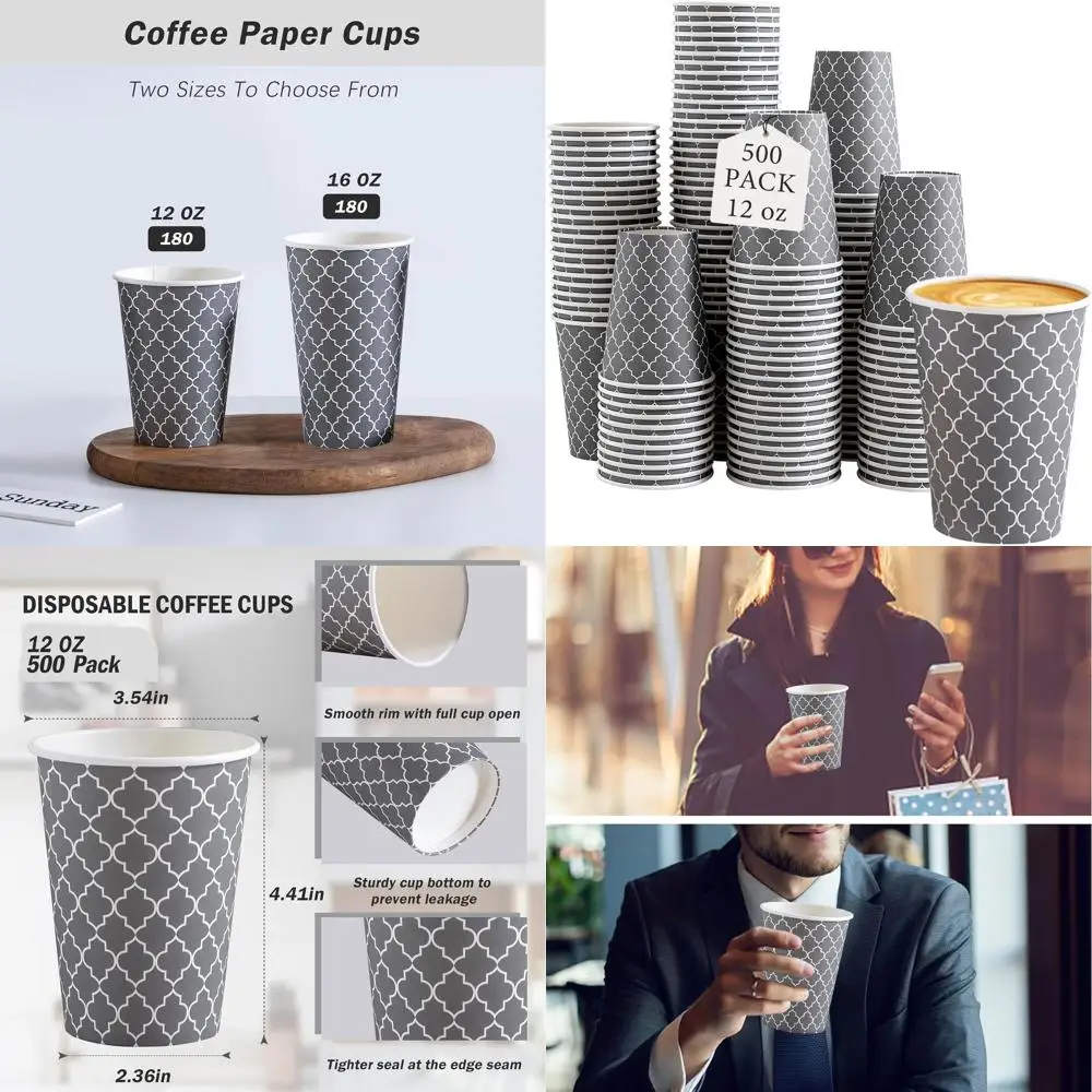 

12 oz Disposable Paper Cups, 500 Pack, Insulated for Hot & Cold Beverages (No Lids)