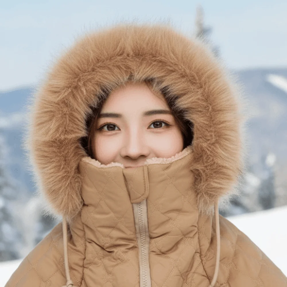 Thick Plush Hooded Scarf Hat Fleece Lined Windproof Unisex Balaclava Zipper Closure Soft Fabric Winter Face Mask Outdoor