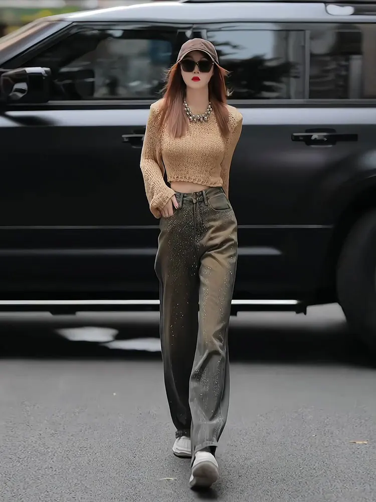

Gradual Color Women's Jeans High Waist Long Pants Vintage Washed Heavy Duty Rhinestone Design Spring Autumn New Style