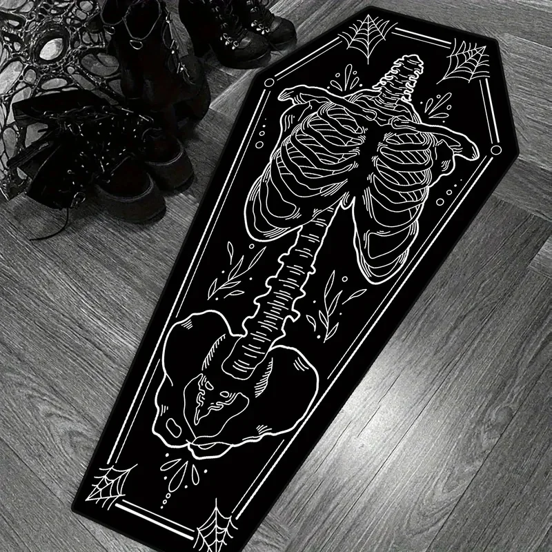 VIKAMA Coffin Shaped Area Rug Non‑slip Skeleton Rose Spider Web Floor Mat For Gothic Bedroom Home Decor