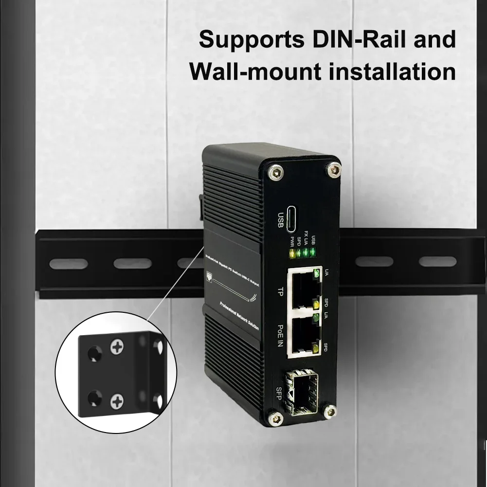 Przemysłowy mini przełącznik 3/5-portowy 10/100/1000T + 1/2-portowy 100/1000X SFP PD z funkcją rozdzielacza PoE lub wyjściem Type-C