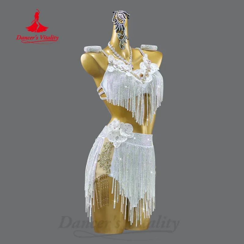 Latin Dansvoorstelling Kostuums Volwassenen en Kinderen Aangepaste Senior AB Stenen Kwastje Pak Tango Samba Rumba Competitie Set