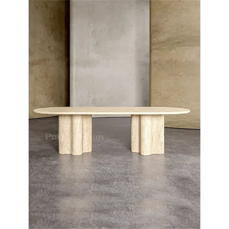 Natural Roman Travertine Oval Dining Table Nordic Light Luxury Living Room High End Stone Marble Furniture