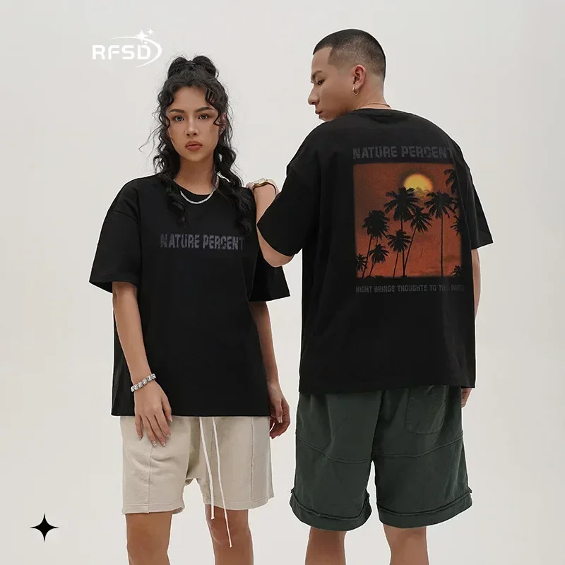 

Men's Wear | White Ink Sunset Print Short Sleeve 2023 Summer New Street Fashion Brand Loose T-shirt for Men's Shoulder Drop